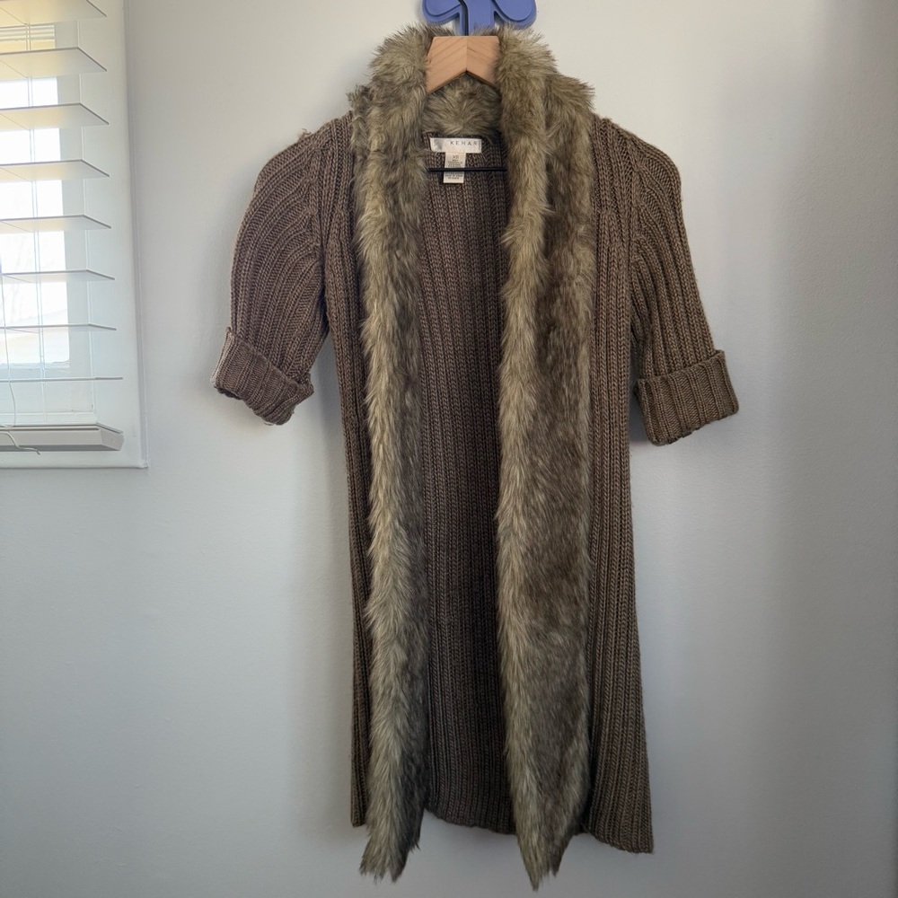 2000s Y2K XS Brown Rib Open Long Cardigan Faux Fur Wool Alpaca Phoebe Twilight